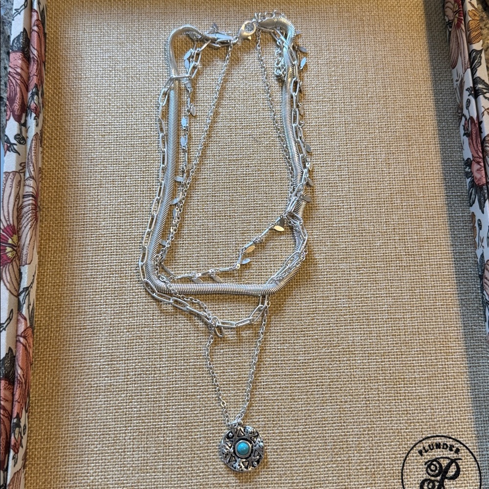Plunder Silver Layered Necklace with Turquoise Pendant